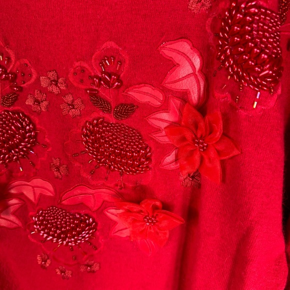 vintage cranberry red embroidered beaded holiday sweater angora wool HONG KONG - Picture 3 of 14